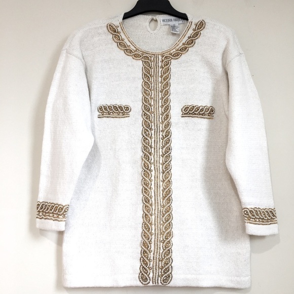 Victoria Harbour vintage 80s off white pear embroidery trim oversized sweater - Picture 1 of 16